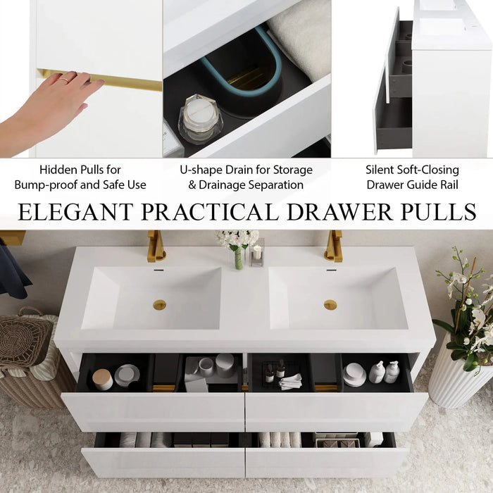 60' Freestanding Bathroom Vanity with Sink, Bathroom Storage Vanity Cabinet with Stone Resin Countertop and Soft Close Drawers, Glossy White 24V14-60DGW Default -DTYStore