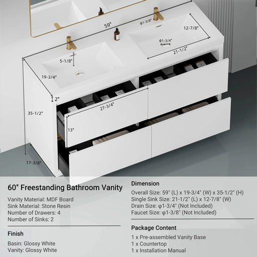60' Freestanding Bathroom Vanity with Sink, Bathroom Storage Vanity Cabinet with Stone Resin Countertop and Soft Close Drawers, Glossy White 24V14-60DGW Default -DTYStore