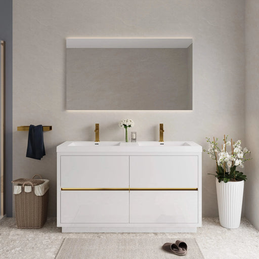 60' Freestanding Bathroom Vanity with Sink, Bathroom Storage Vanity Cabinet with Stone Resin Countertop and Soft Close Drawers, Glossy White 24V14-60DGW Default -DTYStore