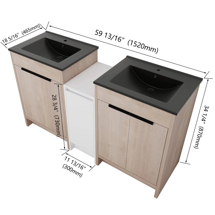 60 Inch Freestanding Bathroom Vanity with Black Ceramic Sink and Storage Cabinets, Soft Closing Door, 02424*2+0312 Combination Cabinet, KD-Package Default -DTYStore
