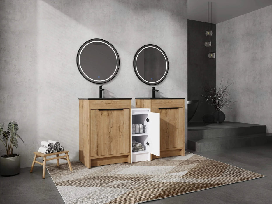 60 Inch Freestanding Bathroom Vanity with Black Ceramic Sink and Storage Cabinets, Soft Closing Door, 02424IMO*2+0312 Combination Cabinet, KD-Package Default -DTYStore