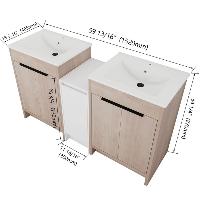 60 Inch Freestanding Bathroom Vanity with Ceramic Sink and Storage Cabinets, Soft Closing Door, 02424*2+0312 Combination Cabinet, KD-Package Default -DTYStore