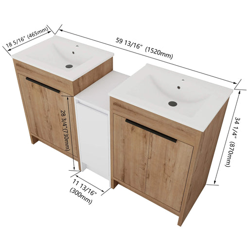 60 Inch Freestanding Bathroom Vanity with Ceramic Sink and Storage Cabinets, Soft Closing Door, 02424IMO*2+0312 Combination Cabinet, KD-Package Default -DTYStore