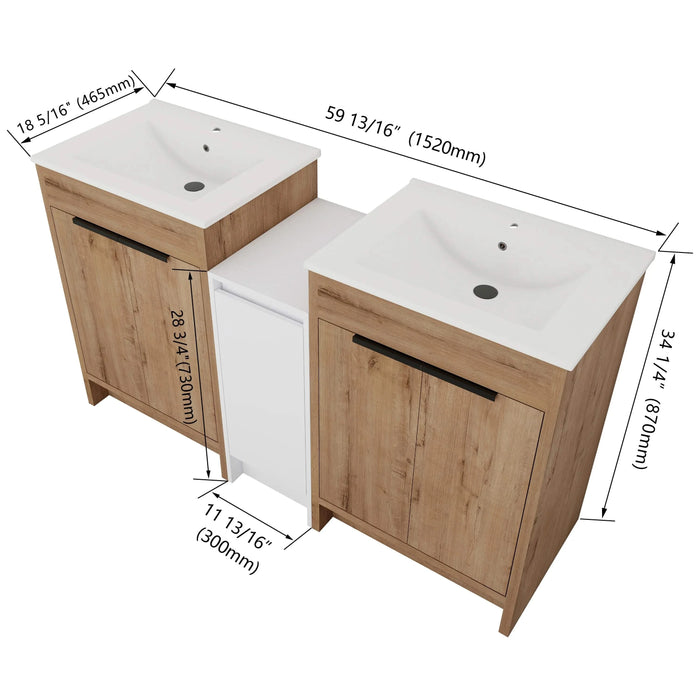 60 Inch Freestanding Bathroom Vanity with Ceramic Sink and Storage Cabinets, Soft Closing Door, 02424IMO*2+0312 Combination Cabinet, KD-Package Default -DTYStore