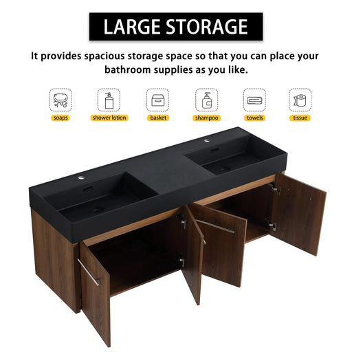 60 Inch Wall-Mounted Bathroom Vanity with Sink, Thick Edged Double Black Resin Sink, KD-Package Default -DTYStore