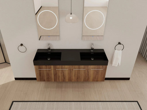 60 Inch Wall-Mounted Bathroom Vanity with Sink, Thick Edged Double Black Resin Sink, KD-Package Default -DTYStore