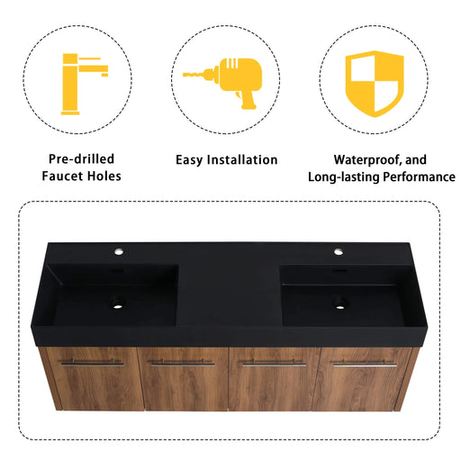 60 Inch Wall-Mounted Bathroom Vanity with Sink, Thick Edged Double Black Resin Sink, KD-Package Default -DTYStore