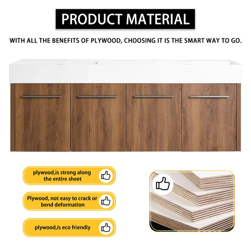 60 Inch Wall-Mounted Bathroom Vanity with Sink, Thick Edged Double Resin Sink, KD-Package Default -DTYStore