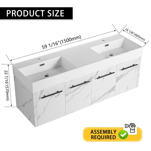 60 Inch Wall-Mounted Bathroom Vanity with Sink, Thick Edged Double Resin Sink, KD-Package Default -DTYStore