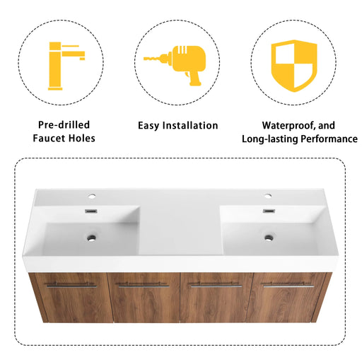 60 Inch Wall-Mounted Bathroom Vanity with Sink, Thick Edged Double Resin Sink, KD-Package Default -DTYStore