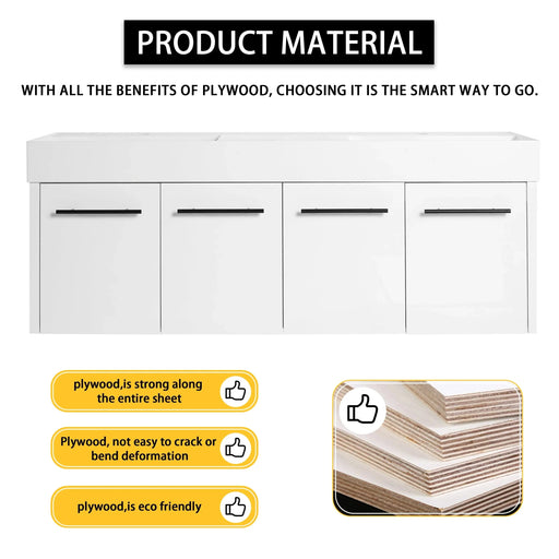 60 Inch Wall-Mounted Bathroom Vanity with Sink, Thick Edged Double Resin Sink, KD-Package Default -DTYStore