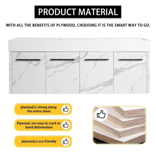 60 Inch Wall-Mounted Bathroom Vanity with Sink, Thick Edged Double Resin Sink, KD-Package Default -DTYStore