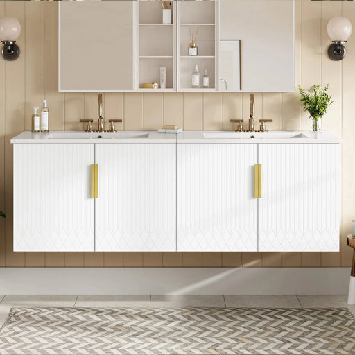 60' Vintage Bathroom Vanity with Ceramic Sink, with 3 Holes Single Ceramic Sink, Bathroom Storage Vanity Cabinet with 2 Soft Closing Doors Default -DTYStore