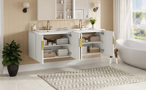 60' Vintage Bathroom Vanity with Ceramic Sink, with 3 Holes Single Ceramic Sink, Bathroom Storage Vanity Cabinet with 2 Soft Closing Doors Default -DTYStore