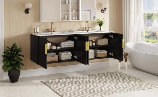 60' Vintage Bathroom Vanity with Ceramic Sink, with 3 Holes Single Ceramic Sink, Bathroom Storage Vanity Cabinet with 2 Soft Closing Doors Default -DTYStore