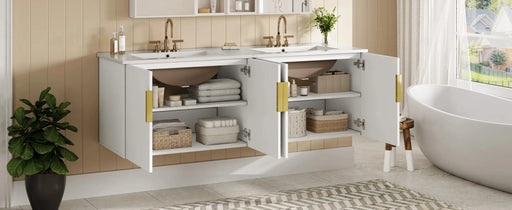 60' Vintage Bathroom Vanity with Ceramic Sink, with 3 Holes Single Ceramic Sink, Bathroom Storage Vanity Cabinet with 2 Soft Closing Doors Default -DTYStore