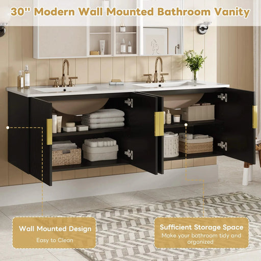 60' Vintage Bathroom Vanity with Ceramic Sink, with 3 Holes Single Ceramic Sink, Bathroom Storage Vanity Cabinet with 2 Soft Closing Doors Default -DTYStore