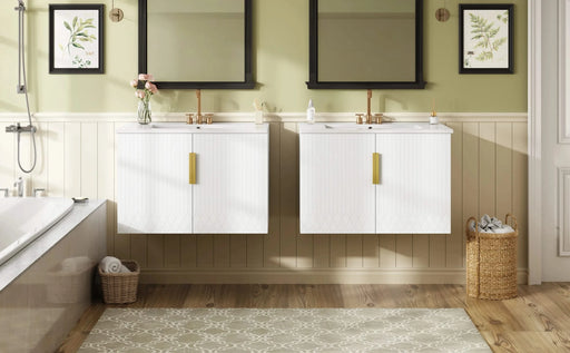 60' Vintage Bathroom Vanity with Ceramic Sink, with 3 Holes Single Ceramic Sink, Bathroom Storage Vanity Cabinet with 2 Soft Closing Doors Default -DTYStore