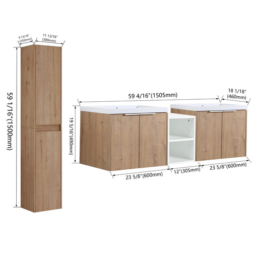 60' Wall-Mounted Bathroom Vanity With Sink and Side Cabinet, Soft Close Doors,00112IMOx2-0624IMOx2-0612GWH Combination Cabinet(KD-Packing) Default -DTYStore