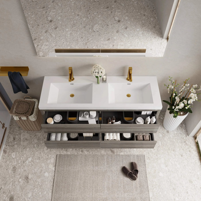 60' Wall-Mounted Bathroom Vanity with Double Sinks, Floating Bathroom Storage Cabinet with Stone Resin Countertop and Soft Close Drawers, Ash Grey 24V15-60DAG Default -DTYStore