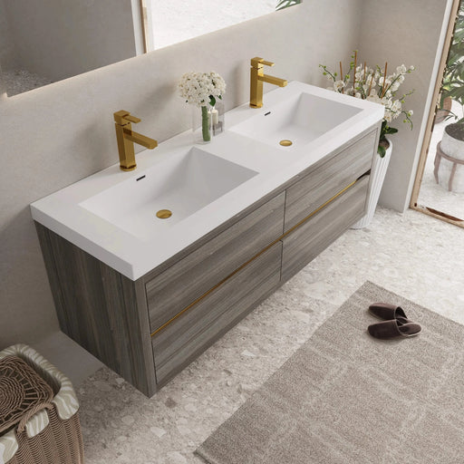 60' Wall-Mounted Bathroom Vanity with Double Sinks, Floating Bathroom Storage Cabinet with Stone Resin Countertop and Soft Close Drawers, Ash Grey 24V15-60DAG Default -DTYStore