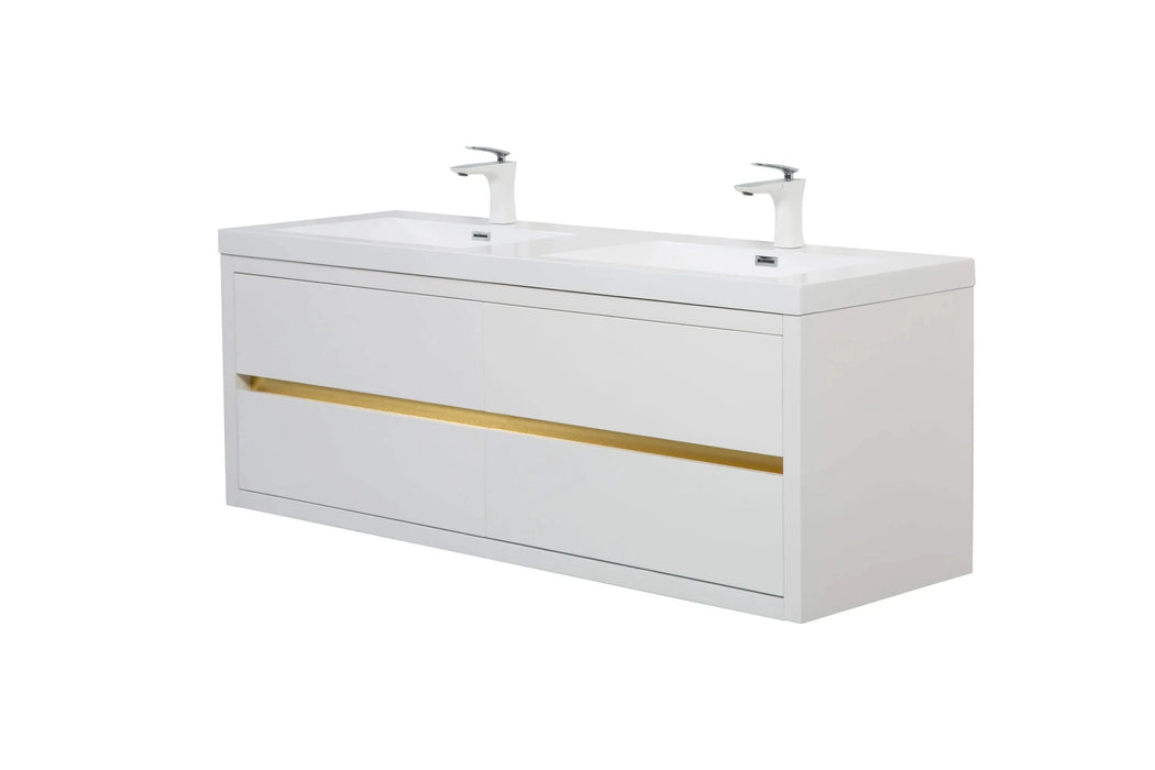 60' Wall-Mounted Bathroom Vanity with Sink, Floating Bathroom Storage Cabinet with Stone Resin Countertop and Soft Close Drawers, Glossy White 24V15-60DGW Default -DTYStore