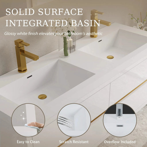 60' Wall-Mounted Bathroom Vanity with Sink, Floating Bathroom Storage Cabinet with Stone Resin Countertop and Soft Close Drawers, Glossy White 24V15-60DGW Default -DTYStore