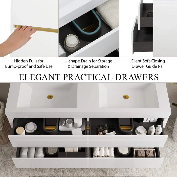 60' Wall-Mounted Bathroom Vanity with Sink, Floating Bathroom Storage Cabinet with Stone Resin Countertop and Soft Close Drawers, Glossy White 24V15-60DGW Default -DTYStore