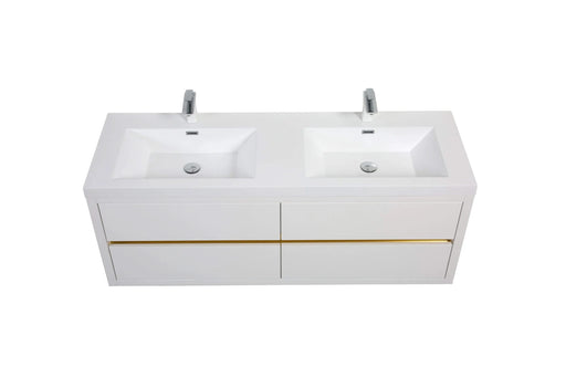60' Wall-Mounted Bathroom Vanity with Sink, Floating Bathroom Storage Cabinet with Stone Resin Countertop and Soft Close Drawers, Glossy White 24V15-60DGW Default -DTYStore