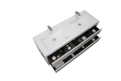 60' Wall-Mounted Bathroom Vanity with Sink, Floating Bathroom Storage Cabinet with Stone Resin Countertop and Soft Close Drawers, Glossy White 24V15-60DGW Default -DTYStore