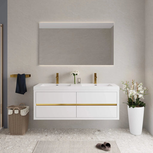 60' Wall-Mounted Bathroom Vanity with Sink, Floating Bathroom Storage Cabinet with Stone Resin Countertop and Soft Close Drawers, Glossy White 24V15-60DGW Default -DTYStore