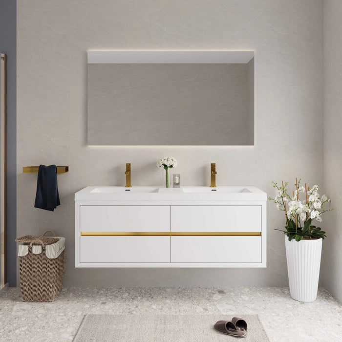 60' Wall-Mounted Bathroom Vanity with Sink, Floating Bathroom Storage Cabinet with Stone Resin Countertop and Soft Close Drawers, Glossy White 24V15-60DGW Default -DTYStore
