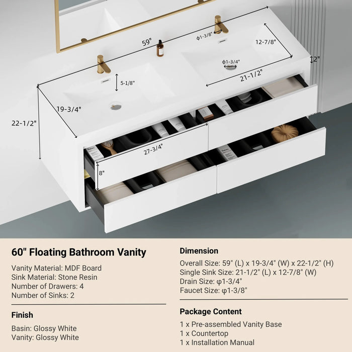 60' Wall-Mounted Bathroom Vanity with Sink, Floating Bathroom Storage Cabinet with Stone Resin Countertop and Soft Close Drawers, Glossy White 24V15-60DGW Default -DTYStore
