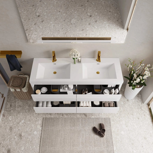 60' Wall-Mounted Bathroom Vanity with Sink, Floating Bathroom Storage Cabinet with Stone Resin Countertop and Soft Close Drawers, Glossy White 24V15-60DGW Default -DTYStore