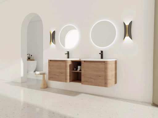 60'' Wall-Mounted Bathroom Vanity with White Ceramic Sink and Storage Shelves & 1-Soft-Close Door, KD-Packing, Plywood Default -DTYStore