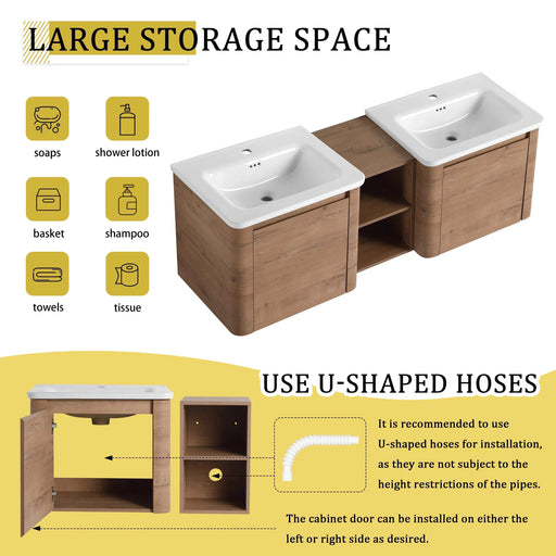 60'' Wall-Mounted Bathroom Vanity with White Ceramic Sink and Storage Shelves & 1-Soft-Close Door, KD-Packing, Plywood Default -DTYStore