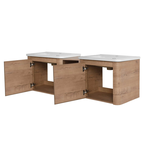 60'' Wall-Mounted Bathroom Vanity with White Ceramic Sink and Storage Shelves & 1-Soft-Close Door, KD-Packing, Plywood Default -DTYStore