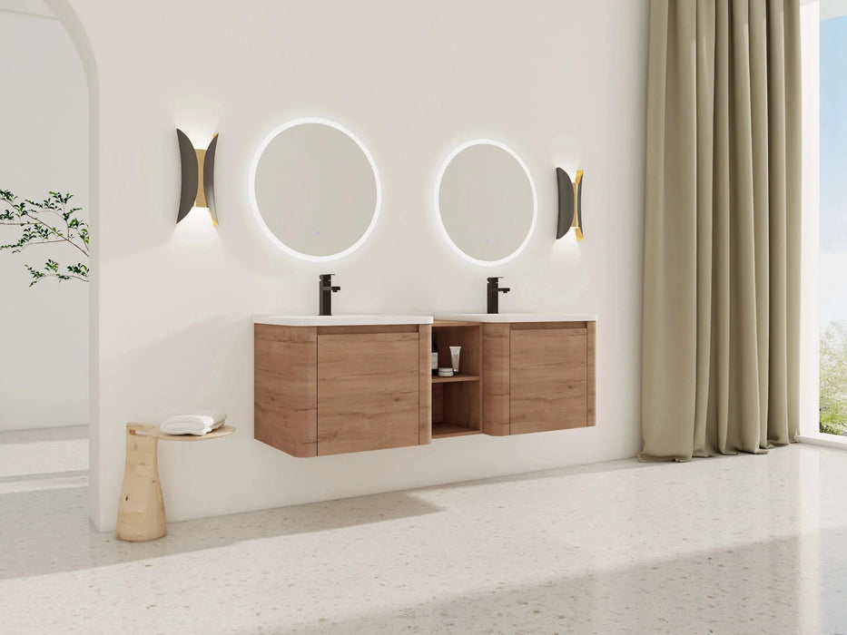 60'' Wall-Mounted Bathroom Vanity with White Ceramic Sink and Storage Shelves & 1-Soft-Close Door, KD-Packing, Plywood Default -DTYStore