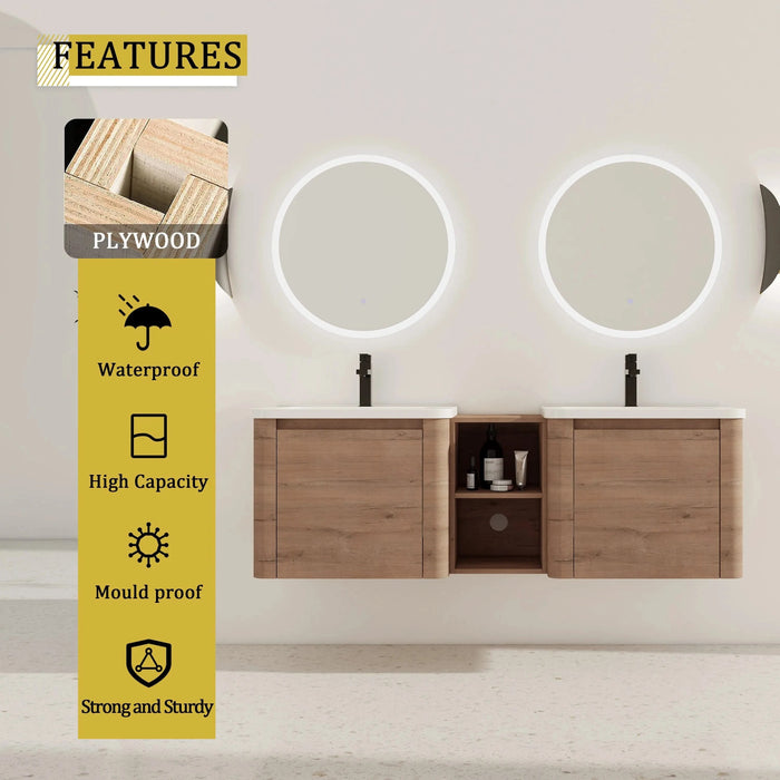 60'' Wall-Mounted Bathroom Vanity with White Ceramic Sink and Storage Shelves & 1-Soft-Close Door, KD-Packing, Plywood Default -DTYStore