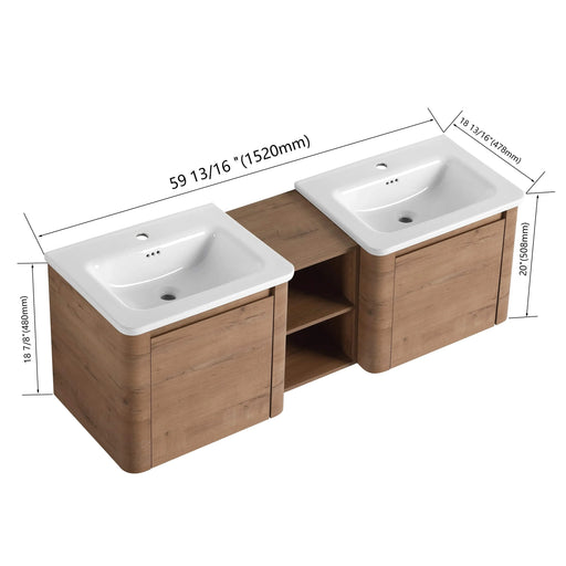 60'' Wall-Mounted Bathroom Vanity with White Ceramic Sink and Storage Shelves & 1-Soft-Close Door, KD-Packing, Plywood Default -DTYStore