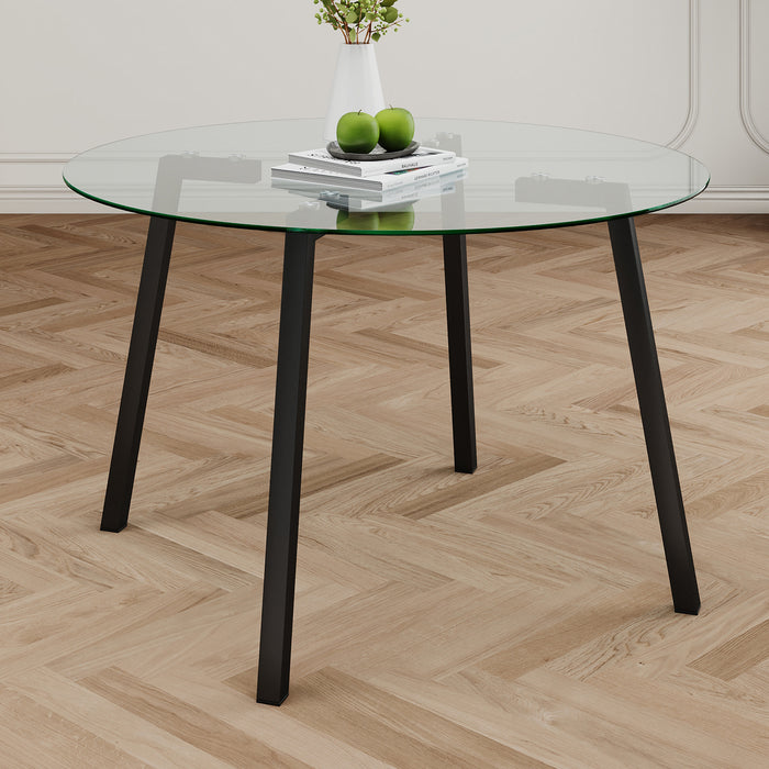 Modern simple table with a glass round table and four chairs. Transparent tempered glass countertop, black metal legs, suitable for kitchen living room dining room (set of 5)