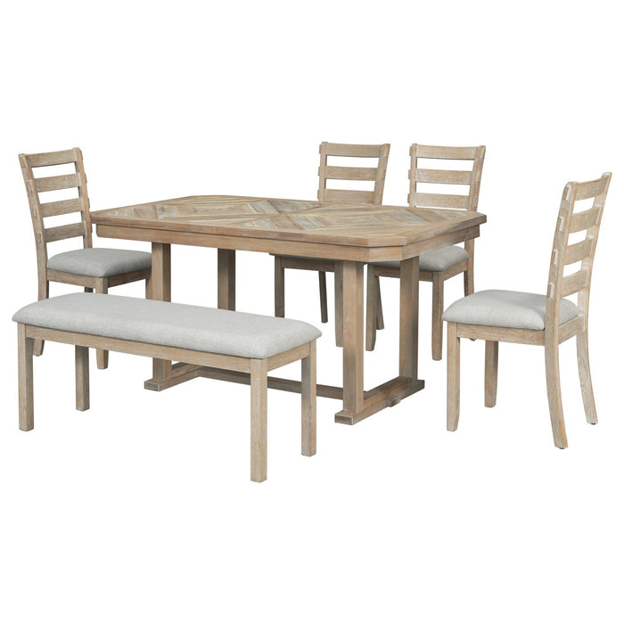 6-Piece Rubber Wood Dining Table Set with Beautiful Wood Grain Pattern Tabletop Solid Wood Veneer and Soft Cushion (Natural Wood Wash) - DTYStore