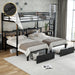 Full XL Over Twin & Twin Triple Bunk Bed with Drawers, Multi-functional Metal Frame Bed, Bed Head with Shelving & USB, Black - DTYStore