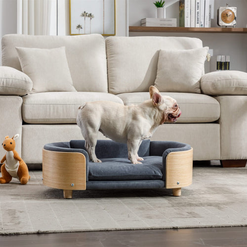 Scandinavian style Elevated Dog Bed Pet Sofa With Solid Wood legs and Bent Wood Back, Velvet Cushion,Mid Size,Dark Grey - Image 2