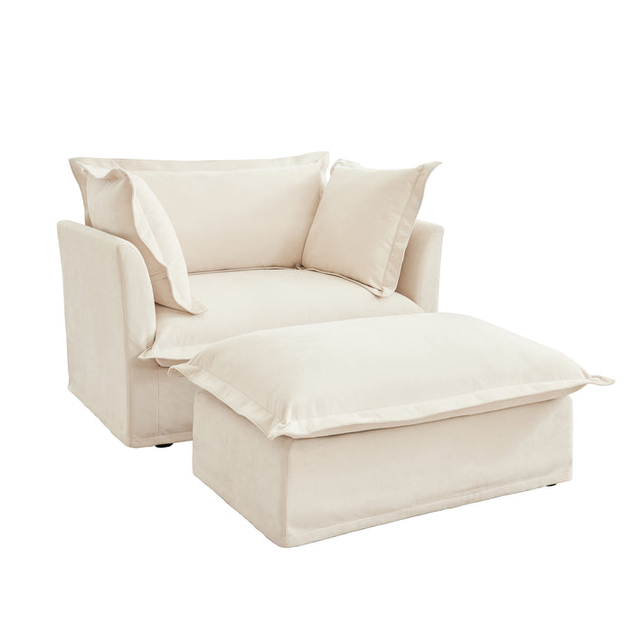 Upholstered Slipcovered Armchair with Ottoman, Deep Seat Armchair W/ Wide Ottoman for Living Room, Armchair Sets with Large Soft Pillows(Set of 2),Chenille Fabric,Cream