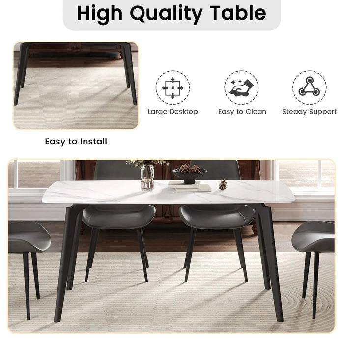 62.99' Modern Artificial Stone White Curved Edge Black Metal Leg Dining Table-Can Accommodate 6 People(Dining Table Only) Default -DTYStore