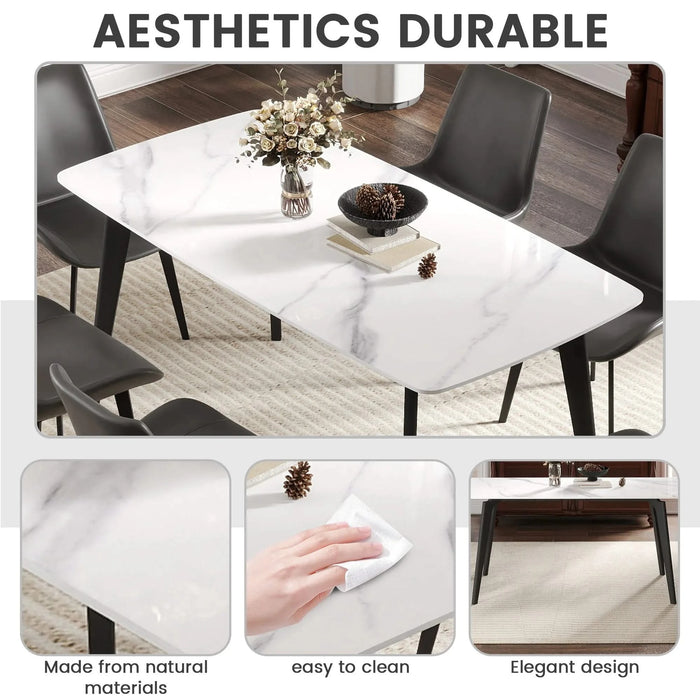 62.99' Modern Artificial Stone White Curved Edge Black Metal Leg Dining Table-Can Accommodate 6 People(Dining Table Only) Default -DTYStore