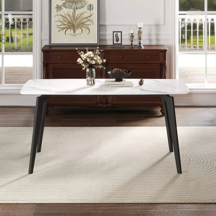 62.99' Modern Artificial Stone White Curved Edge Black Metal Leg Dining Table-Can Accommodate 6 People(Dining Table Only) Default -DTYStore
