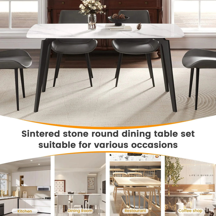 62.99' Modern Artificial Stone White Curved Edge Black Metal Leg Dining Table-Can Accommodate 6 People(Dining Table Only) Default -DTYStore