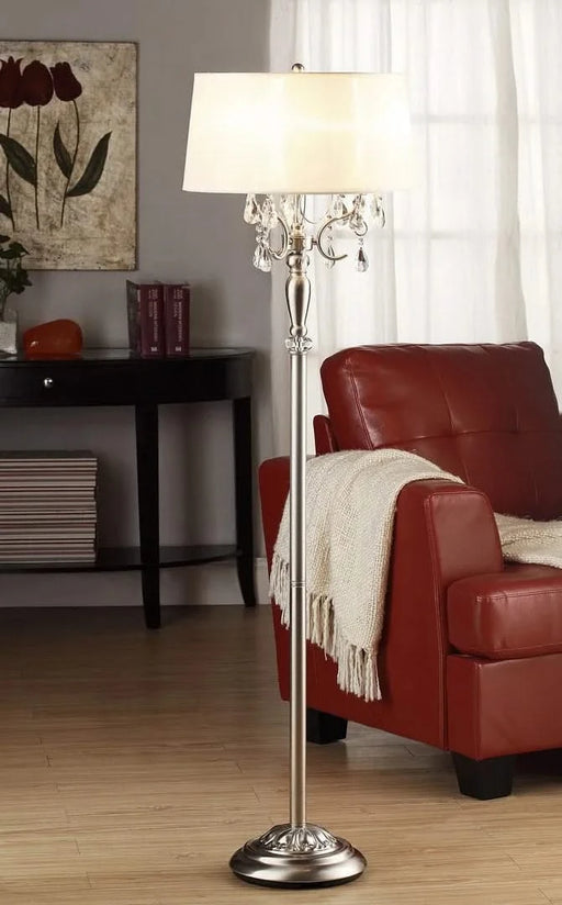 62' Tall Metal Floor Lamp w/ Silver finish and Crystal Accents, White Shade Default -DTYStore
